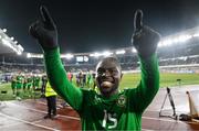 10 October 2024; Festy Ebosele of Republic of Ireland celebrates after the UEFA Nations League B Group 2 match between Finland and Republic of Ireland at the Helsinki Olympic Stadium in Helsinki, Finland. Photo by Stephen McCarthy/Sportsfile