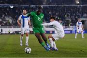 10 October 2024; Festy Ebosele of Republic of Ireland in action against Tomas Galvez of Finland during the UEFA Nations League B Group 2 match between Finland and Republic of Ireland at the Helsinki Olympic Stadium in Helsinki, Finland. Photo by Stephen McCarthy/Sportsfile