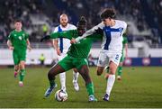 10 October 2024; Festy Ebosele of Republic of Ireland in action against Tomas Galvez of Finland during the UEFA Nations League B Group 2 match between Finland and Republic of Ireland at the Helsinki Olympic Stadium in Helsinki, Finland. Photo by Stephen McCarthy/Sportsfile