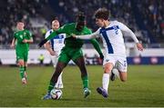 10 October 2024; Festy Ebosele of Republic of Ireland in action against Tomas Galvez of Finland during the UEFA Nations League B Group 2 match between Finland and Republic of Ireland at the Helsinki Olympic Stadium in Helsinki, Finland. Photo by Stephen McCarthy/Sportsfile