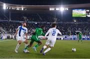 10 October 2024; Festy Ebosele of Republic of Ireland in action against Teemu Pukki, left, and Tomas Galvez of Finland, in the lead up to Republic of Ireland's second goal during the UEFA Nations League B Group 2 match between Finland and Republic of Ireland at the Helsinki Olympic Stadium in Helsinki, Finland. Photo by Stephen McCarthy/Sportsfile