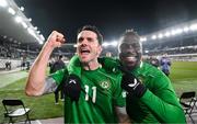 10 October 2024; Robbie Brady, left, and Festy Ebosele of Republic of Ireland celebrate after the UEFA Nations League B Group 2 match between Finland and Republic of Ireland at the Helsinki Olympic Stadium in Helsinki, Finland. Photo by Stephen McCarthy/Sportsfile