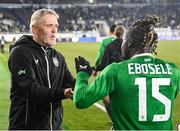 10 October 2024; Republic of Ireland goalkeeping coach Gudmundur Hreidarsson celebrates with Festy Ebosele after the UEFA Nations League B Group 2 match between Finland and Republic of Ireland at the Helsinki Olympic Stadium in Helsinki, Finland. Photo by Stephen McCarthy/Sportsfile