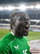 10 October 2024; Festy Ebosele of Republic of Ireland celebrates after the UEFA Nations League B Group 2 match between Finland and Republic of Ireland at the Helsinki Olympic Stadium in Helsinki, Finland. Photo by Stephen McCarthy/Sportsfile