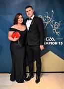 11 October 2024; Offaly hurler Cillian Kiely with Claire Lynch upon arrival at the GAA Champion 15 Awards ceremony at Croke Park in Dublin. Photo by Sam Barnes/Sportsfile