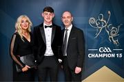 11 October 2024; Offaly hurler Charlie Mitchell with his parents Michelle and Paul upon arrival at the GAA Champion 15 Awards ceremony at Croke Park in Dublin. Photo by Sam Barnes/Sportsfile