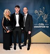 11 October 2024; Offaly hurler Charlie Mitchell with his parents Michelle and Paul upon arrival at the GAA Champion 15 Awards ceremony at Croke Park in Dublin. Photo by Sam Barnes/Sportsfile