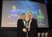 11 October 2024; Offaly hurler Cillian Kiely receives his 2024 Joe McDonagh Team of the Year award from Uachtarán Chumann Lúthchleas Gael Jarlath Burns during the GAA Champion 15 Awards ceremony at Croke Park in Dublin. Photo by Sam Barnes/Sportsfile