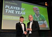 11 October 2024; Charlie Mitchell of Offaly receives his 2024 Joe McDonagh Player of the Year award from Uachtarán Chumann Lúthchleas Gael Jarlath Burns during the GAA Champion 15 Awards ceremony at Croke Park in Dublin. Photo by Sam Barnes/Sportsfile