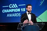 11 October 2024; GPA chief executive officer Tom Parsons speaking during the GAA Champion 15 Awards ceremony at Croke Park in Dublin. Photo by Sam Barnes/Sportsfile