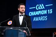 11 October 2024; GPA chief executive officer Tom Parsons speaking during the GAA Champion 15 Awards ceremony at Croke Park in Dublin. Photo by Sam Barnes/Sportsfile