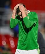 11 October 2024; Rocco Vata of Republic of Ireland reacts after his side's draw in the UEFA European U21 Championship qualifier match between Republic of Ireland and Norway at Turner's Cross in Cork. Photo by Brendan Moran/Sportsfile