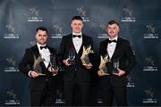 11 October 2024; 2024 Ring, Rackard, and Meagher Team of the Year award winners, from left, 2024 Christy Ring Player of the Year Jack Goulding of London, 2024 Nickey Rackard Player of the Year Liam McKinney of Donegal and 2024 Lory Meagher Player of the Year Cian Darcy of Longford during the GAA Champion 15 Awards ceremony at Croke Park in Dublin. Photo by Sam Barnes/Sportsfile