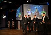 11 October 2024; MC Damian Lawlor, left, interviews hurlers from left, Aaron Dunphy of Laois, Killian Doyle of Westmeath and Killian Sampson of Offaly during the GAA Champion 15 Awards ceremony at Croke Park in Dublin. Photo by Sam Barnes/Sportsfile