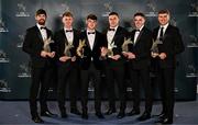 11 October 2024; Offaly hurlers, from left, Ben Conneely, Killian Sampson, Charlie Mitchell, Cillian Kiely, Ciarán Burke and Brian Duignan with their 2024 Joe McDonagh Team of the Year awards during the GAA Champion 15 Awards ceremony at Croke Park in Dublin. Photo by Sam Barnes/Sportsfile