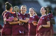 12 October 2024; Julie-Ann Russell of Galway United, second from left, celebrates with team-mates Jenna Slattery, left, and Emmma Doherty after scoring their side's first goal during the SSE Airtricity Women's Premier Division match between Galway United and Athlone Town at Eamonn Deacy Park in Galway. Photo by Piaras Ó Mídheach/Sportsfile