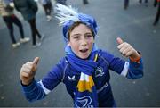 12 October 2024; Leinster supporter Fionn O'Gorman, age 10, from Malahide, Dublin before the United Rugby Championship match between Leinster and Munster at Croke Park in Dublin. Photo by David Fitzgerald/Sportsfile