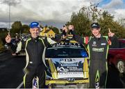 12 October 2024; Josh Moffett, right, and Keith Moriarty celebrate after winning the National Rally Championship 2024 in their Hyundai i20 R5 during The Old Orchard Inn Donegal Harvest Stages Rally 2024 at Letterkenny in Donegal. Photo by Philip Fitzpatrick/Sportsfile