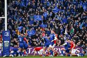 12 October 2024; Leinster supporters celebrate their side's second try during the United Rugby Championship match between Leinster and Munster at Croke Park in Dublin. Photo by Seb Daly/Sportsfile