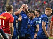 12 October 2024; RG Snyman of Leinster celebrates with team-mates after scoring their side's fourth try during the United Rugby Championship match between Leinster and Munster at Croke Park in Dublin. Photo by Sam Barnes/Sportsfile