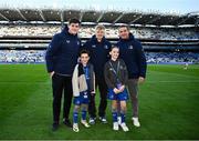 12 October 2024; Leinster mascots Sam Cassidy and Juliette O'Gorman with players Dan Sheehan, Jimmy O'Brien and Scott Penny before the United Rugby Championship match between Leinster and Munster at Croke Park in Dublin. Photo by Seb Daly/Sportsfile