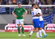 13 October 2024; Nathan Collins of Republic of Ireland reacts at the final whistle of the UEFA Nations League B Group 2 match between Greece and Republic of Ireland at Georgios Karaiskakis Football Stadium in Piraeus, Greece. Photo by Stephen McCarthy/Sportsfile