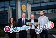 14 October 2024; GAA, GPA and Gaelchultúr Announce Landmark Partnership, offering 100 scholarships to Intercounty Players to learn Irish. Attendees at the announcement at Croke Park, Dublin included Uachtarán CLG Iarlaith Ó Broin, GPA CEO Tom Parsons, Ellen Curtin, Bainisteoir Díolacháin agus Margaíochta, Gaelchultúr and Príomhfheidhmeannach, Gaelchultúr, Darren Ó Rodaigh, centre. Photo by David Fitzgerald/Sportsfile