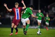 11 October 2024; Anselmo Garcia-MacNulty of Republic of Ireland in action against Sindre Walle Egeli of Norway during the UEFA European U21 Championship qualifier match between Republic of Ireland and Norway at Turner's Cross in Cork. Photo by Ben McShane/Sportsfile