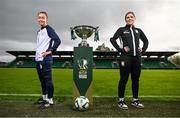 15 October 2024; Pearl Slattery of Shelbourne, left, and Laurie Ryan of Athlone Town during the 2024 Sports Direct Women's FAI Cup Final media day at Tallaght Stadium in Dublin. Photo by David Fitzgerald/Sportsfile