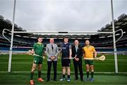 15 October 2024; In attendance during the Shinty Hurling International 2024 launch at Croke Park in Dublin are, from left, Ireland player Eoin Cody, Shinty President Burton Morrisson, Scotland player Craig Morrison, Leinster GAA Chairperson Derek Kent and Ireland captain Enda Rowland. Photo by Sam Barnes/Sportsfile