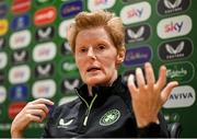 17 October 2024; Head coach Eileen Gleeson speaks to the media during a Republic of Ireland women squad announcement at FAI Headquarters in Abbotstown, Dublin. Photo by David Fitzgerald/Sportsfile