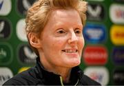 17 October 2024; Head coach Eileen Gleeson speaks to the media during a Republic of Ireland women squad announcement at FAI Headquarters in Abbotstown, Dublin. Photo by David Fitzgerald/Sportsfile