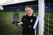 18 October 2024; Roisin Molloy of Athlone Town is pictured with her SSE Airtricity Women’s Premier Division Player of the Month Award for October at Athlone Town Stadium in Westmeath. Photo by Seb Daly/Sportsfile