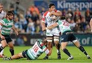 27 September 2013; Nick Williams, Ulster, is tackled by Pedro Di Santo, left, and Alberto Di Bernardo, Benetton Treviso. Celtic League 2013/14, Round 4, Ulster v Benetton Treviso, Ravenhill, Belfast, Co. Antrim. Picture credit: Oliver McVeigh / SPORTSFILE