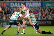 27 September 2013; Craig Gilroy, Ulster, is tackled by Pedro Di Santo, left, and Alberto Sgarbi, Benetton Treviso. Celtic League 2013/14, Round 4, Ulster v Benetton Treviso, Ravenhill, Belfast, Co. Antrim. Picture credit: Oliver McVeigh / SPORTSFILE