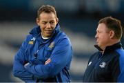 27 September 2013; Leinster forwards coach Jono Gibbes, left, in conversation with head coach Matt O'Connor, right. Celtic League 2013/14, Round 4, Leinster v Cardiff Blues, RDS, Ballsbridge, Dublin. Picture credit: Stephen McCarthy / SPORTSFILE