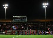 18 October 2024; Players from both sides enter the pitch before the SSE Airtricity Men's Premier Division match between Shelbourne and Waterford at Tolka Park in Dublin. Photo by Thomas Flinkow/Sportsfile