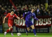 18 October 2024; Ali Coote of Shelbourne in action against Ben McCormack of Waterford during the SSE Airtricity Men's Premier Division match between Shelbourne and Waterford at Tolka Park in Dublin. Photo by Thomas Flinkow/Sportsfile