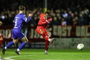 18 October 2024; Ryan Tulloch of Shelbourne attempts a shot on goal during the SSE Airtricity Men's Premier Division match between Shelbourne and Waterford at Tolka Park in Dublin. Photo by Thomas Flinkow/Sportsfile