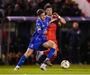 18 October 2024; Barry Baggley of Waterford in action against Ali Coote of Shelbourne during the SSE Airtricity Men's Premier Division match between Shelbourne and Waterford at Tolka Park in Dublin. Photo by Stephen McCarthy/Sportsfile