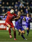 18 October 2024; Sean Boyd of Shelbourne in action against Darragh Leahy of Waterford during the SSE Airtricity Men's Premier Division match between Shelbourne and Waterford at Tolka Park in Dublin. Photo by Thomas Flinkow/Sportsfile