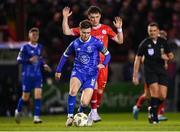 18 October 2024; Barry Baggley of Waterford in action against Ali Coote of Shelbourne during the SSE Airtricity Men's Premier Division match between Shelbourne and Waterford at Tolka Park in Dublin. Photo by Stephen McCarthy/Sportsfile