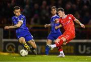 18 October 2024; Ali Coote of Shelbourne in action against Darragh Leahy of Waterford during the SSE Airtricity Men's Premier Division match between Shelbourne and Waterford at Tolka Park in Dublin. Photo by Stephen McCarthy/Sportsfile