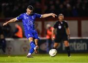 18 October 2024; Padraig Amond of Waterford shoots to score his side's first goal, a penalty, during the SSE Airtricity Men's Premier Division match between Shelbourne and Waterford at Tolka Park in Dublin. Photo by Stephen McCarthy/Sportsfile