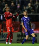 18 October 2024; Ryan Tulloch of Shelbourne reacts after a missed opportunity on goal during the SSE Airtricity Men's Premier Division match between Shelbourne and Waterford at Tolka Park in Dublin. Photo by Thomas Flinkow/Sportsfile