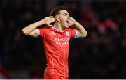 18 October 2024; Sean Boyd of Shelbourne celebrates after scoring his side's first goal during the SSE Airtricity Men's Premier Division match between Shelbourne and Waterford at Tolka Park in Dublin. Photo by Stephen McCarthy/Sportsfile