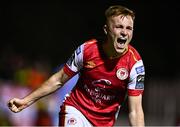 18 October 2024; Brandon Kavanagh of St Patrick's Athletic celebrates as team-mate Aidan Keena, not pictured, scores their side's second goal during the SSE Airtricity Men's Premier Division match between St Patrick's Athletic and Galway United at Richmond Park in Dublin. Photo by Tyler Miller/Sportsfile