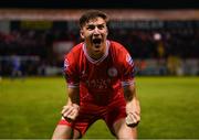 18 October 2024; Sean Boyd of Shelbourne celebrates after scoring his side's second goal, from a penalty, during the SSE Airtricity Men's Premier Division match between Shelbourne and Waterford at Tolka Park in Dublin. Photo by Stephen McCarthy/Sportsfile