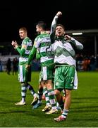 18 October 2024; Dylan Watts of Shamrock Rovers celebrates after his side's victory in the SSE Airtricity Men's Premier Division match between Drogheda United and Shamrock Rovers at Weavers Park in Drogheda, Louth. Photo by Seb Daly/Sportsfile