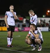 18 October 2024; Dundalk players, from left, Hayden Cann, Daryl Horgan and John Mountney react after the SSE Airtricity Men's Premier Division match between Dundalk and Derry City at Oriel Park in Dundalk, Louth. Photo by Ben McShane/Sportsfile